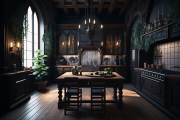 Fototapeta na wymiar Luxury gothic style kitchen interior. Black and dark kitchen design. AI generated.