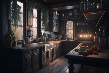 Luxury gothic style kitchen interior. Black and dark kitchen design. AI generated.
