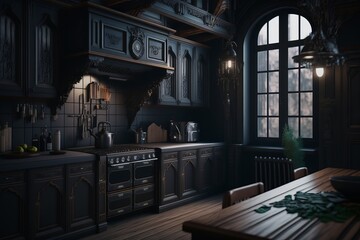 Luxury gothic style kitchen interior. Black and dark kitchen design. AI generated.