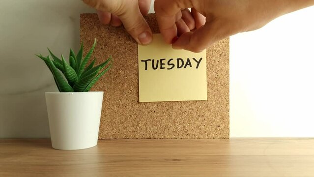 Paper note with word tuesday on cork bulletin board. Happy tuesday concept