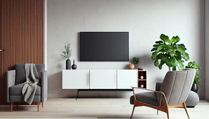 Mock up wall mounted tv with cabinet and armchair on white wall background. - Generative AI