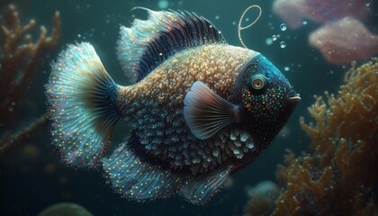 soft plush knitted sea fish, toy. in the sea world.  Robot design made of expensive textiles. generative artificial intelligence.