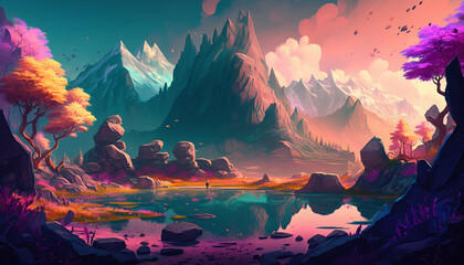 Fototapeta na wymiar A Majestic Mountain Range with Geometric Fractal Peaks, Illuminated by a Colorful Sunset Sky and Surrounded by a Forest of Bioluminescent Trees