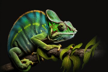 Chameleon with black background, beautiful of chameleon, chameleon branch, chameleon panther. Generative AI