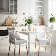 Fototapeta na wymiar Scandinavian classic white kitchen with wooden details. Illustration AI Generative