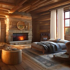 A rustic and country style bedroom with a log fire and traditional style furnishings2, Generative AI