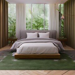 A serene and peaceful bedroom with a nature inspired colour palette and calming decor1, Generative AI
