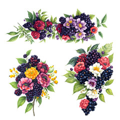 set of berries, bouquet of flowers isolated,  background with flowers,  beautiful spring flowers, illustration with Generative AI
