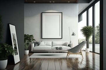 Mockup. Interior of a modern living room with a frame on the wall. Blank poster frame mock up. AI Generated.