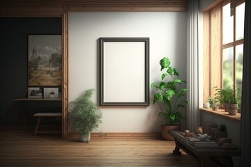 Mockup. Interior of a modern living room with a frame on the wall. Blank poster frame mock up. AI Generated.