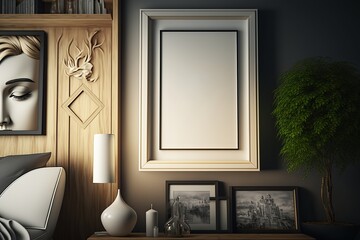 Obraz na płótnie Canvas Mockup. Interior of a modern living room with a frame on the wall. Blank poster frame mock up. AI Generated.