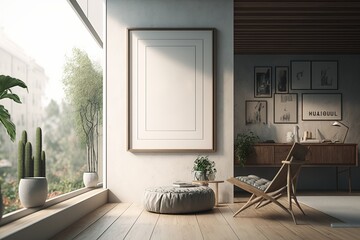 Mockup. Interior of a modern living room with a frame on the wall. Blank poster frame mock up. AI Generated.