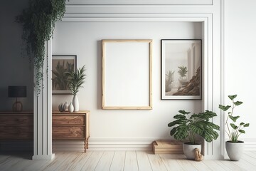 Mockup. Interior of a modern living room with a frame on the wall. Blank poster frame mock up. AI Generated.