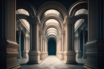 a long corridor in a state building, many columns and round arches, beautiful ornaments