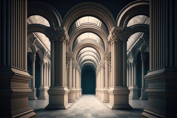 Fototapeta premium a long corridor in a state building, many columns and round arches, beautiful ornaments