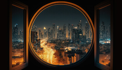 A panoramic shot of a city skyline at night through a window - Generative AI - obrazy, fototapety, plakaty