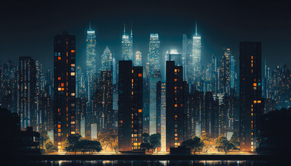 Fototapeta na wymiar A panoramic shot of a city skyline at night through a window - Generative AI