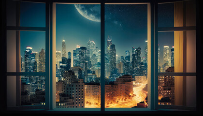 A panoramic shot of a city skyline at night through a window - Generative AI