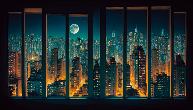 A panoramic shot of a city skyline at night through a window - Generative AI