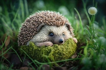 Close up of a hedgehog in the grass, curled into a ball and lying on its side. Animal out in nature. forest animals. A needlework picture of a hedgehog. Small mammals. Cute hedgehog in green grass