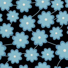 Fototapeta na wymiar Blue flowers seamless pattern, symmetrical random simple flowers on black background, simple doodle print