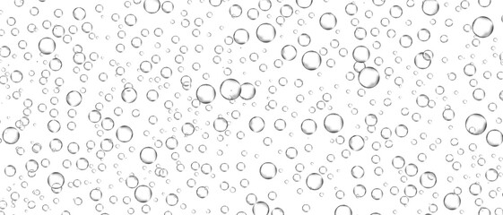 Water bubbles set isolated on white background. Air water bubbles for soda effect, transparent backdrop, icon design, champagne bubbles, texture and wallpaper. Water drops pattern, vector illustration