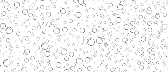 Water bubbles set isolated on white background. Air water bubbles for soda effect, transparent backdrop, icon design, champagne bubbles, texture and wallpaper. Water drops pattern, vector illustration
