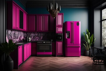 Modern kitchen interior in viva magenta and black color, trending of 2023. Generative AI