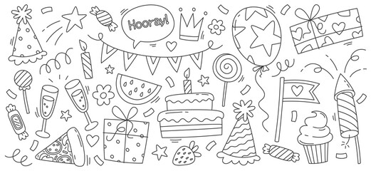 Linear set of holiday design elements. Party decorations. Festive flags, birthday cake, balloons, glasses with champagne
