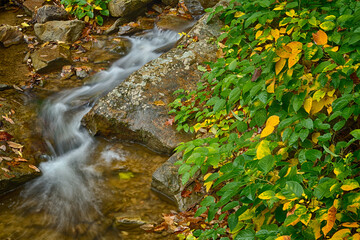 Cascading waterfall surrounded by autumn color
