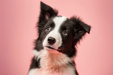 Naklejka na ściany i meble Cute border collie puppy dog dog smiling in studio isolated on pink background. A new member of the family, a small dog, looks around and waits for a treat. Care for pets and ideas about animals. Bann