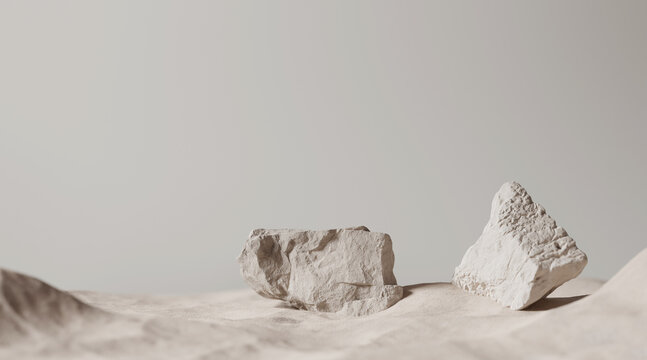 3D background. Podium, stone display. Beige luxury backdrop with desert sand. Minimal pedestal for beauty, cosmetic product presentation. Dune mockup with sun shadow. Summer template, studio 3d render