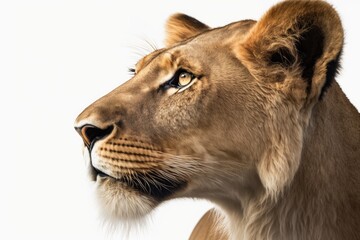 Fototapeta na wymiar Close up of the roaring profile of a 10 year old lioness, Panthera leo, on a white background. Generative AI