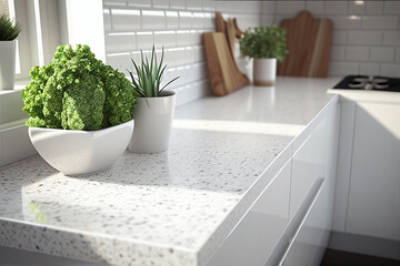 white marble worktop of a cosy sunny kitchen closeup. Generative AI