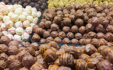 Chocolate candies set in a Swiss confiserie.