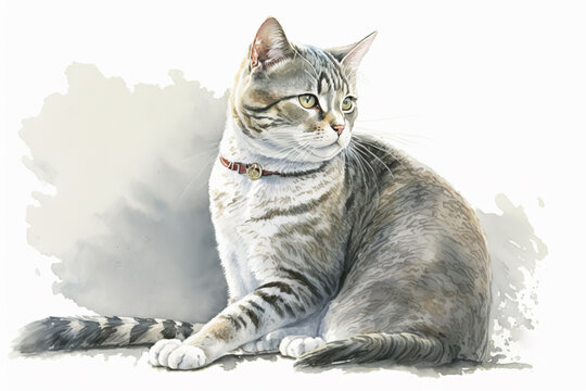 Generative AI. Grey tabby cat, watercolor illustration isolated on white background