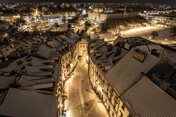 Lublin Old Town. Lublin Castle. Lublin Grodzka Gate. Classic town look. Aerial view of old town in Lublin. Polish old cities. Poland old town. Night view of old town. Lublin by night. © Grzegorz