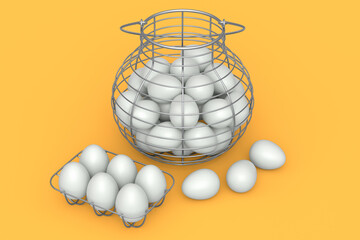 Farm raw organic white sugar-coated eggs for morning breakfast in basket