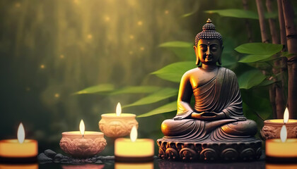 Buddha statue with candles on natural background. Copy space. Based on Generative AI