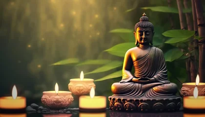 Fotobehang Buddha statue with candles on natural background. Copy space. Based on Generative AI © Yeti Studio