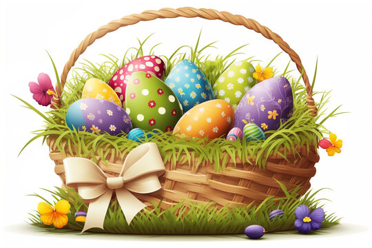 Easter wicker basket with painted eggs, Isolated on white background.