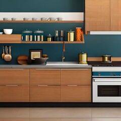 8 A mid-century modern kitchen with Clean lines and pops of color1, Generative AI