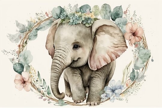 Beautiful animal portrait with a hand drawn watercolor of a cute baby elephant in a floral wreath. Stock illustration. Generative AI
