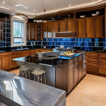 10 A chic kitchen with a glass tile backsplash and black granite countertops3, Generative AI