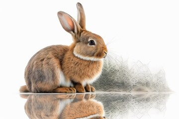 Beautiful and cute rabbit sitting. Sign on his head with his paw. Isolated on a white background, with a reflection and a lot of space to write. Generative AI
