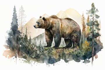 Bear in a forest and mountain scene. Painting with watercolors. A wild grizzly bear stands in the woods. Herbs, bushes, fir trees, and mountains in a wild forest with a grizzly bear. Side view of a fo