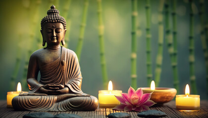 Buddha statue with candles on natural background. Copy space. Based on Generative AI - obrazy, fototapety, plakaty