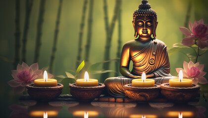 Buddha statue with candles on natural background. Copy space. Based on Generative AI - obrazy, fototapety, plakaty