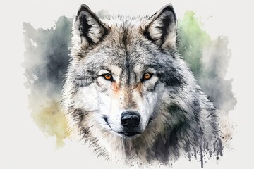 A watercolor painting of a wolf's face. Hand drawn picture of a grey arctic wolf. Wildlife in Canada, a predator in the Taiga forest. Single lupus realistic portrait. Gray animal face with fur