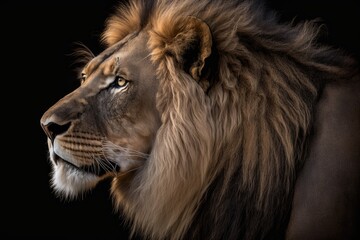 Fototapeta premium A side portrait of a big male African lion (Panthera leo) against a black background, South Africa. Generative AI